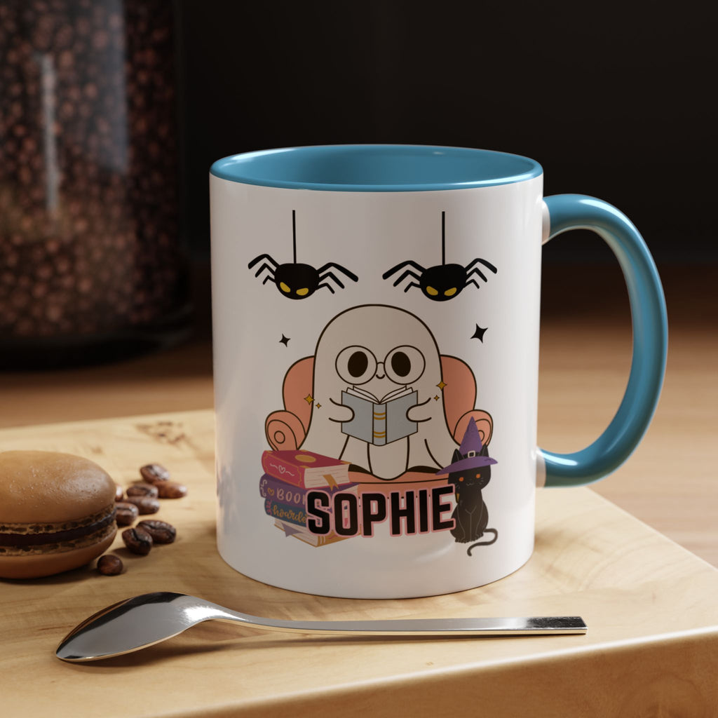 Personalized Halloween Ghost Mug with Cat and Books one size 11 oz coffee cup