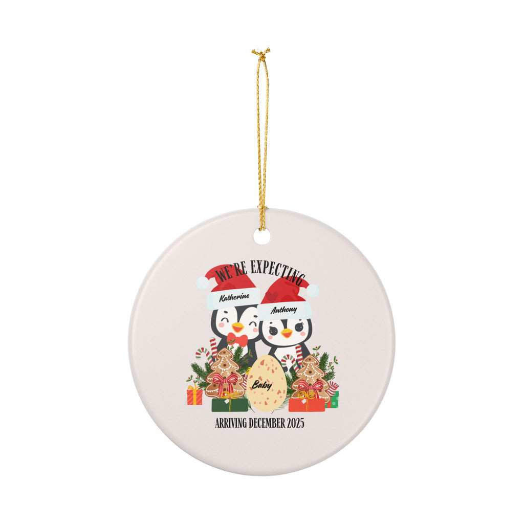 Ornament Penguin, Christmas Ornament, Penguins Ceramic, Custom printed, Single Unit, Design "We're expecting" with baby egg(Custom Month & Year)
