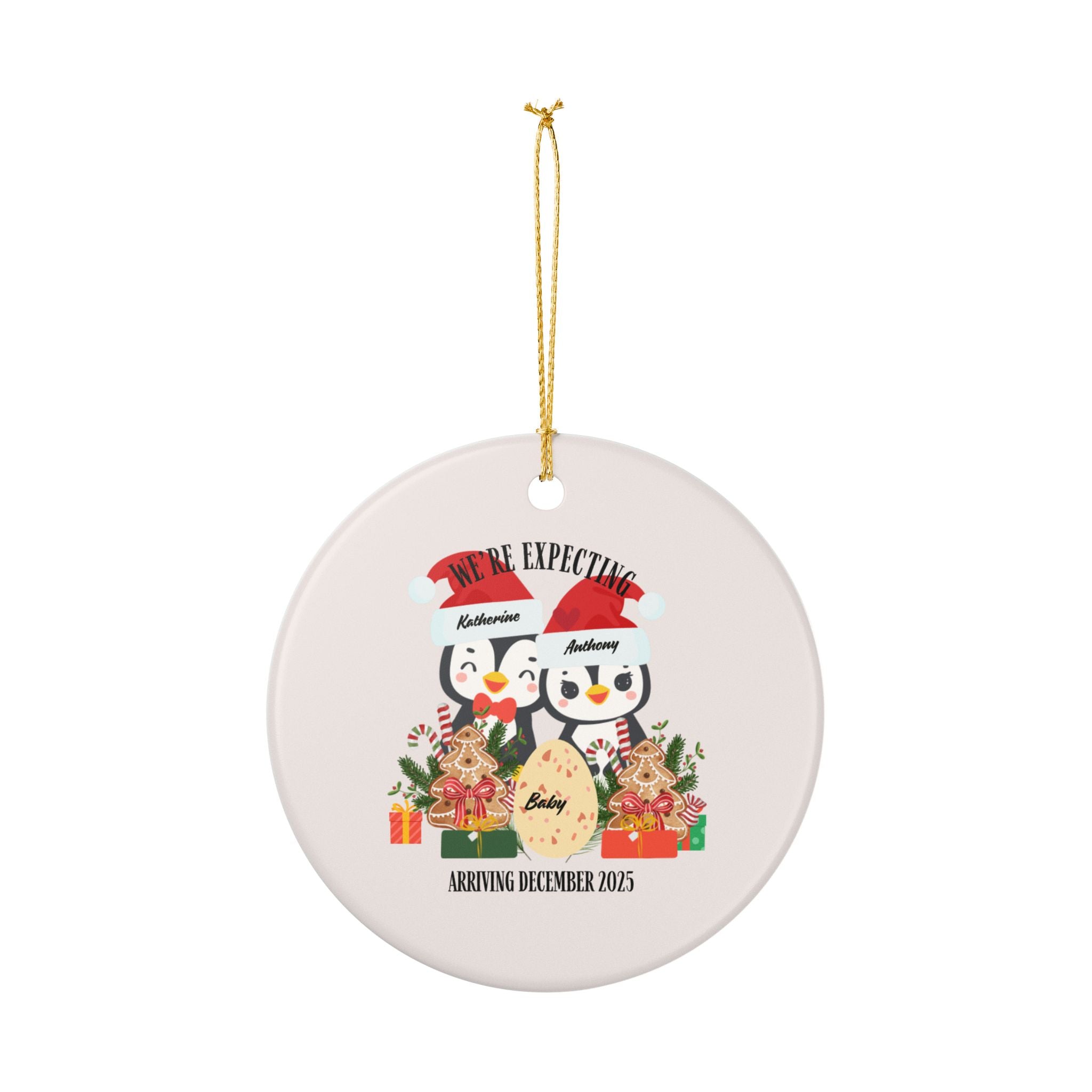 Ornament Penguin, Christmas Ornament, Penguins Ceramic, Custom printed, Single Unit, Design "We're expecting" with baby egg(Custom Month & Year)