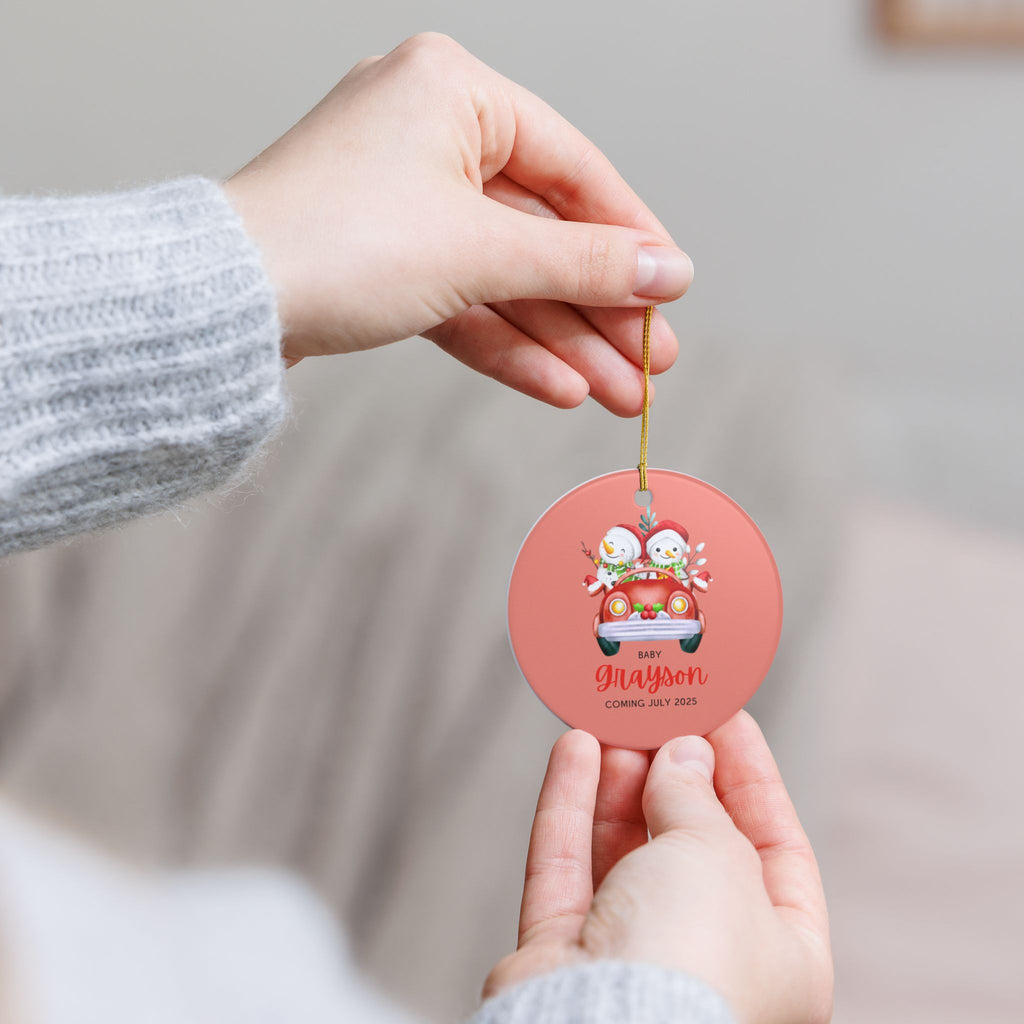 Personalized Holiday Ornament - Baby Grayson Coming July 2025, Customized Christmas Décor, Snowman Car Decoration, Unique Family [...]