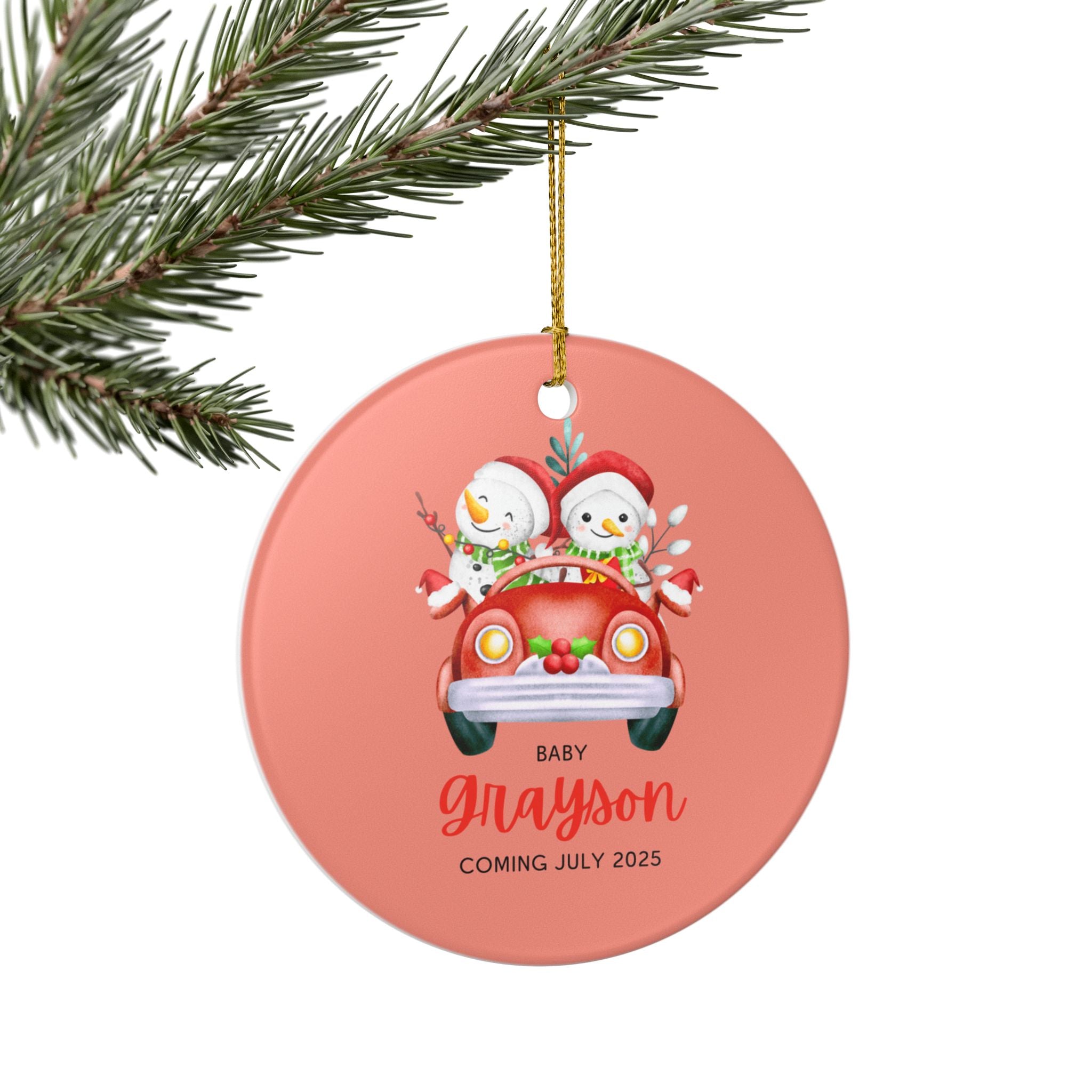 Personalized Holiday Ornament - Baby Grayson Coming July 2025, Customized Christmas Décor, Snowman Car Decoration, Unique Family [...]