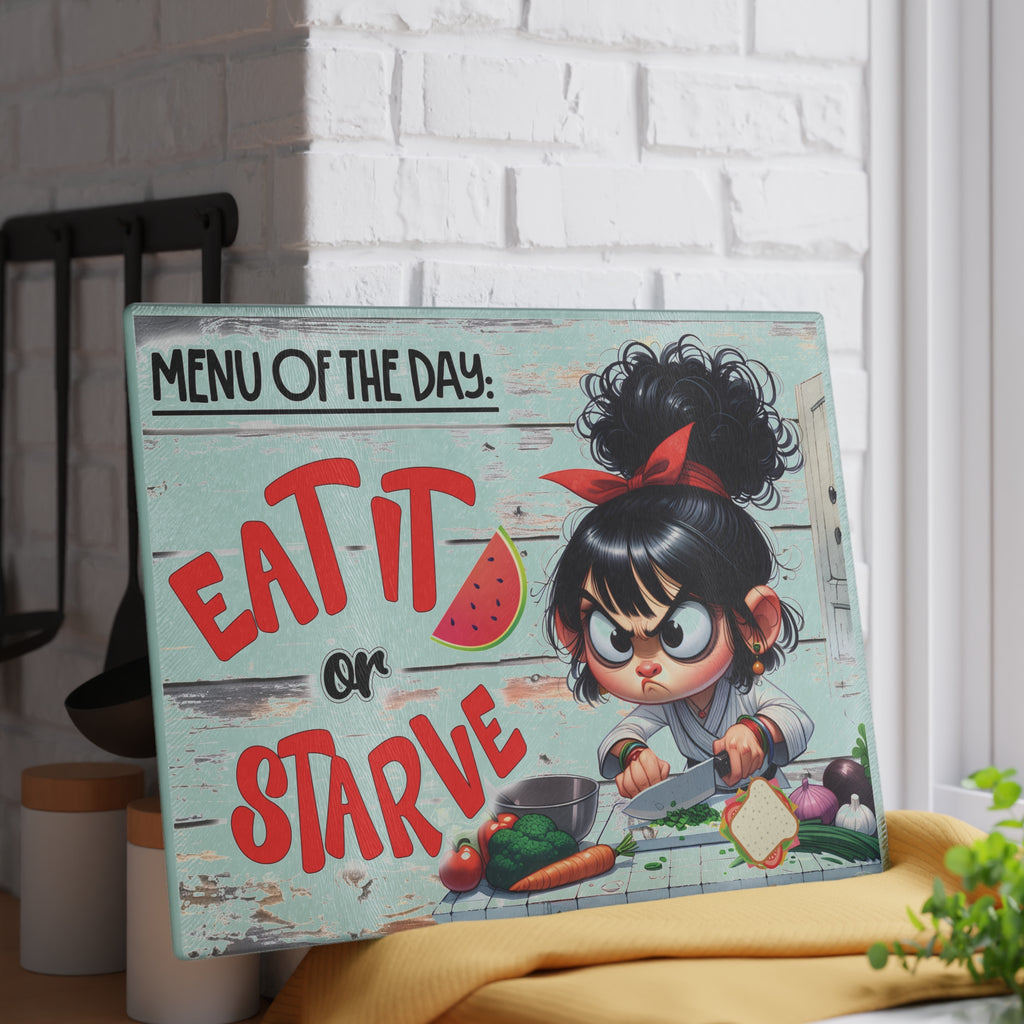 Funny Kitchen Glass Cutting Board with Eat It or Starve Design - Humorous Cooking Decor, Gift for Chefs, Housewarming, Kitchen [...]