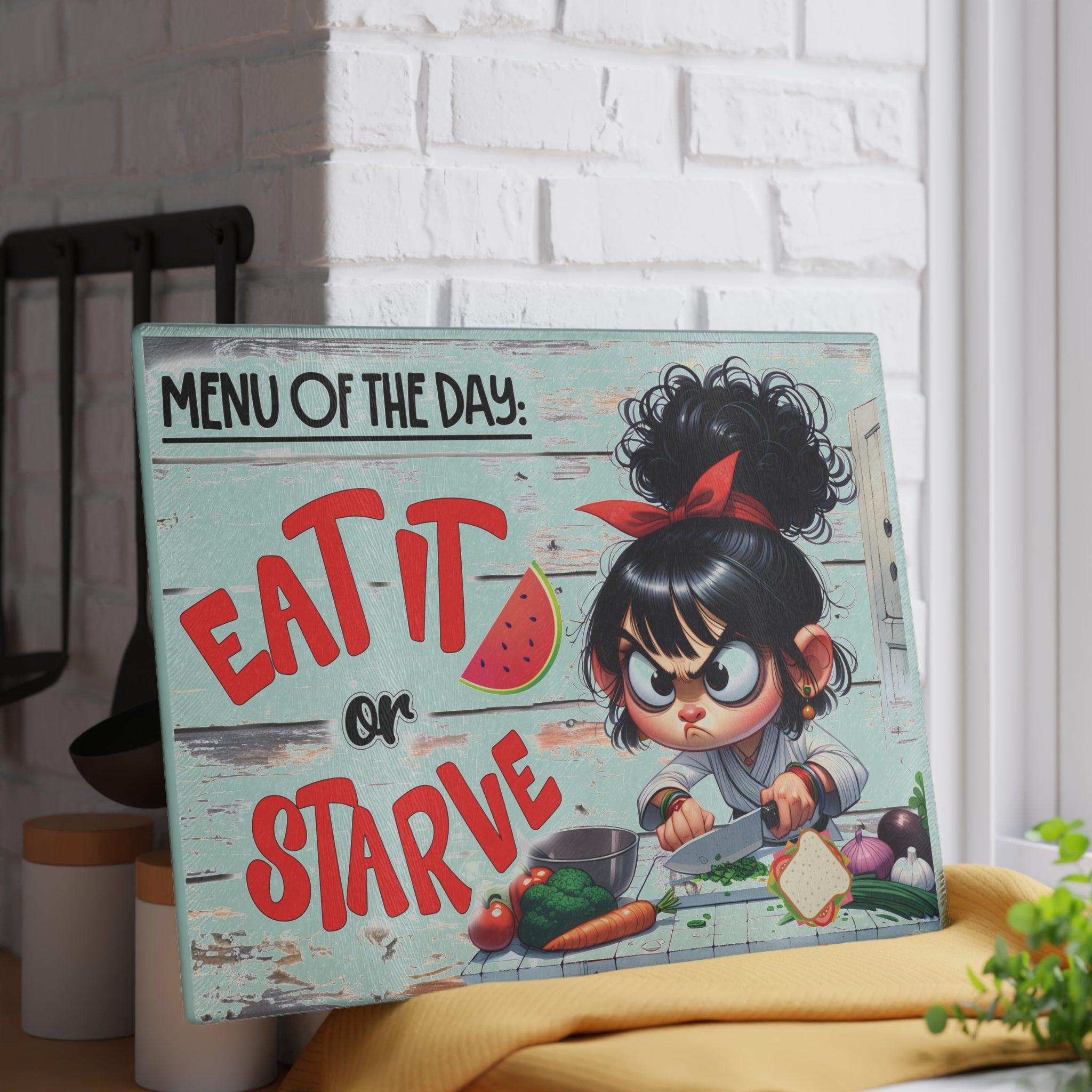 Funny Kitchen Glass Cutting Board with Eat It or Starve Design - Humorous Cooking Decor, Gift for Chefs, Housewarming, Kitchen [...]