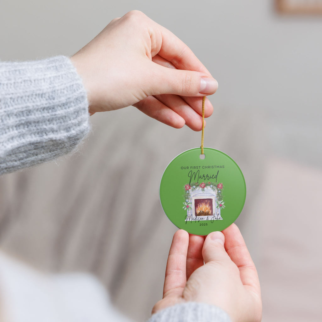 Personalized Christmas Ornament, First Christmas Married Keepsake, Holiday Decor, Wedding Gift, Custom Ceramic Decoration