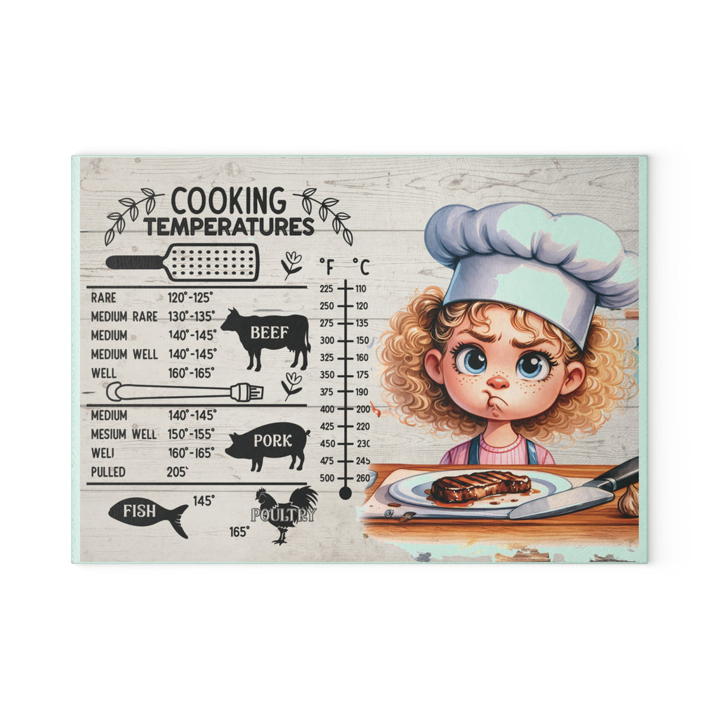Cute Illustrated Glass Cutting Board, Cooking Gift for Home Chefs, Kitchen Decor, Funny Kitchenware, Cooking Temperatures Guide