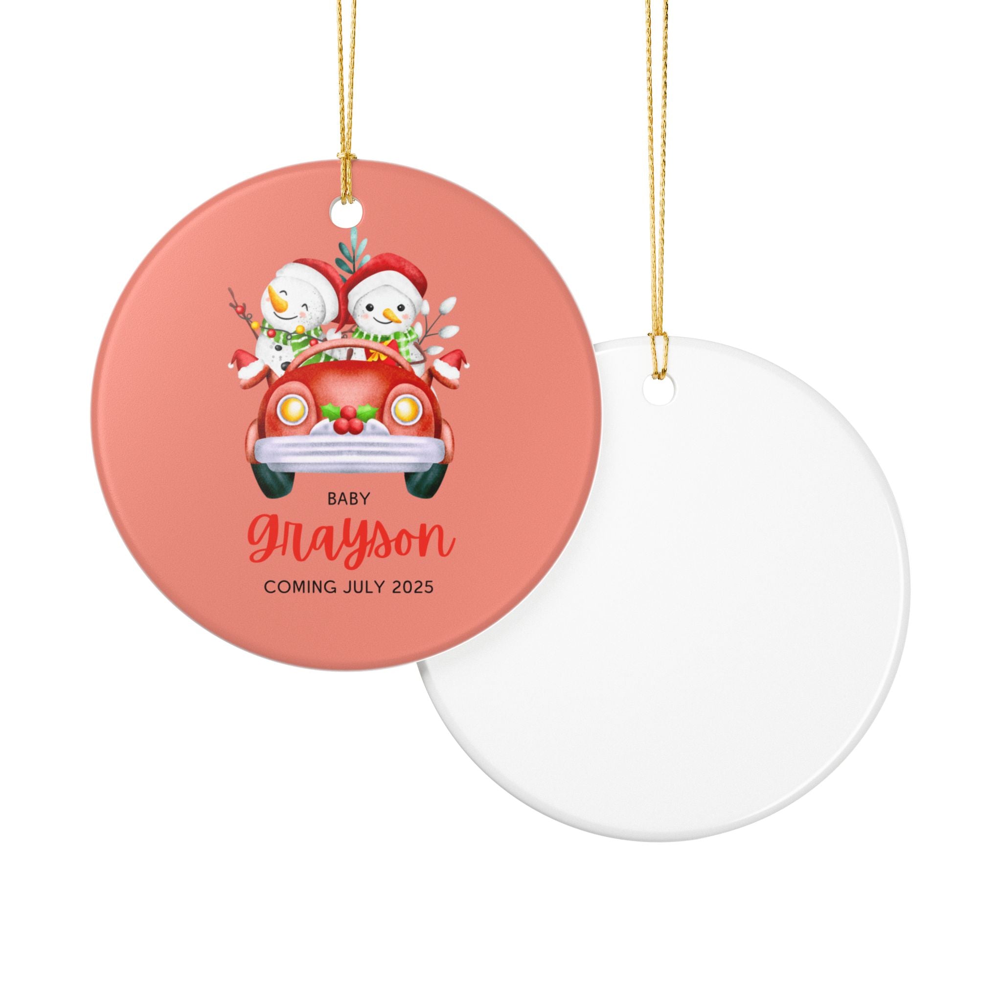 Personalized Holiday Ornament - Baby Grayson Coming July 2025, Customized Christmas Décor, Snowman Car Decoration, Unique Family [...]