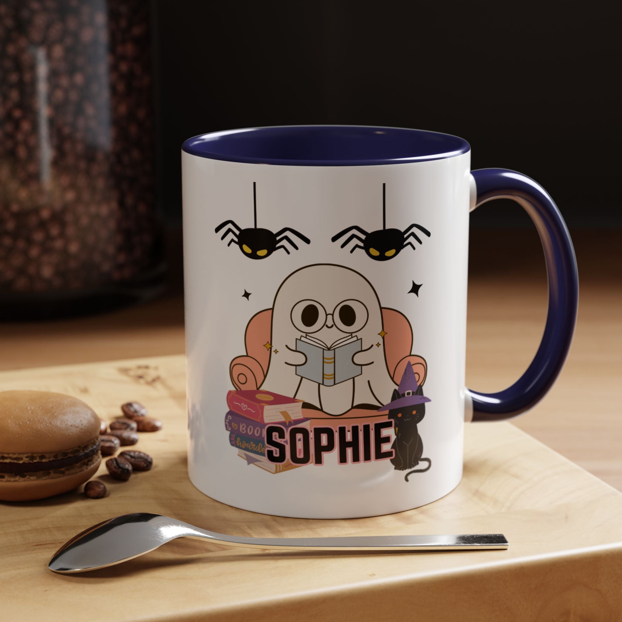 Personalized Halloween Ghost Mug with Cat and Books one size 11 oz coffee cup