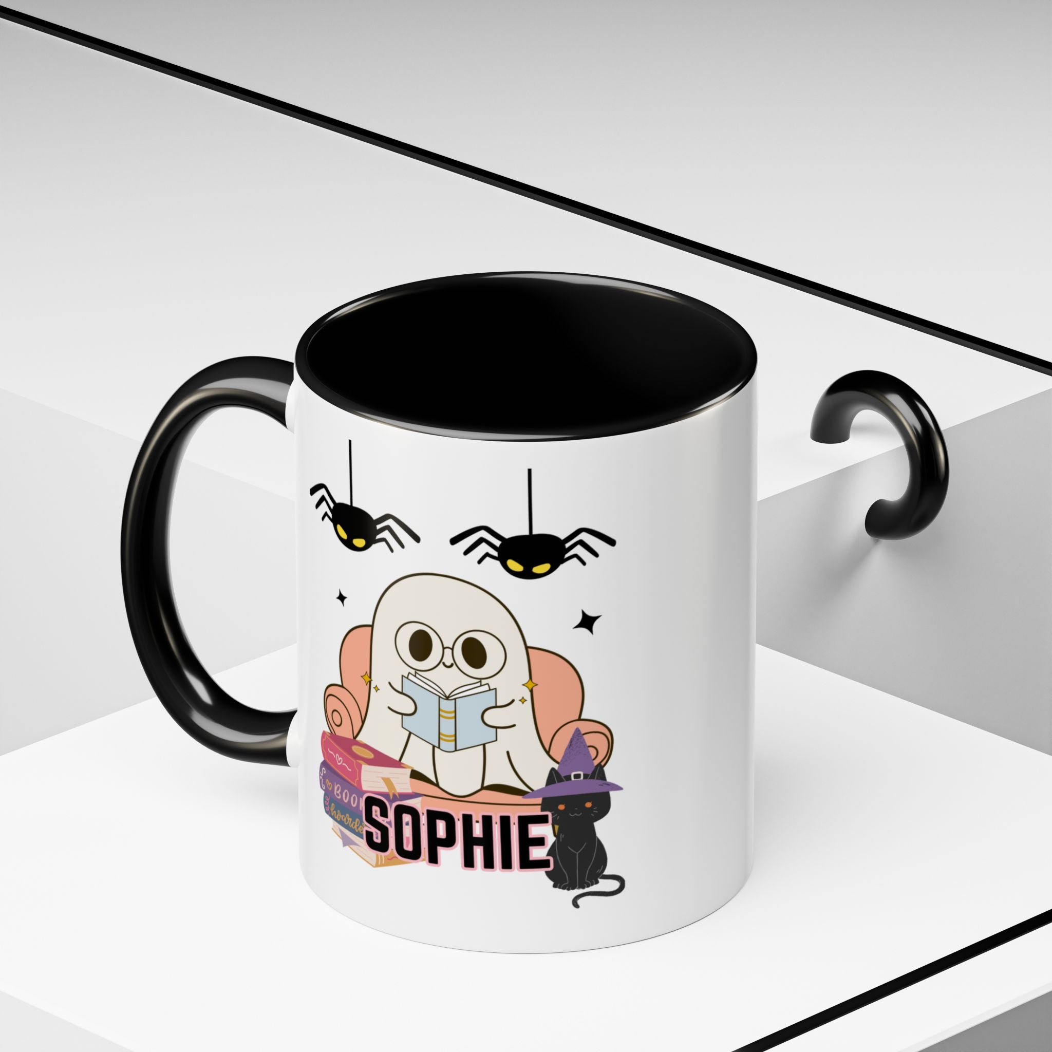 Personalized Halloween Ghost Mug with Cat and Books one size 11 oz coffee cup