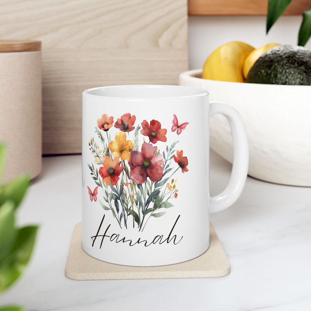 Personalized Floral Ceramic Mug, Customized Gift, Coffee Cup, Tea Mug, Birthday Gift, Housewarming Gift