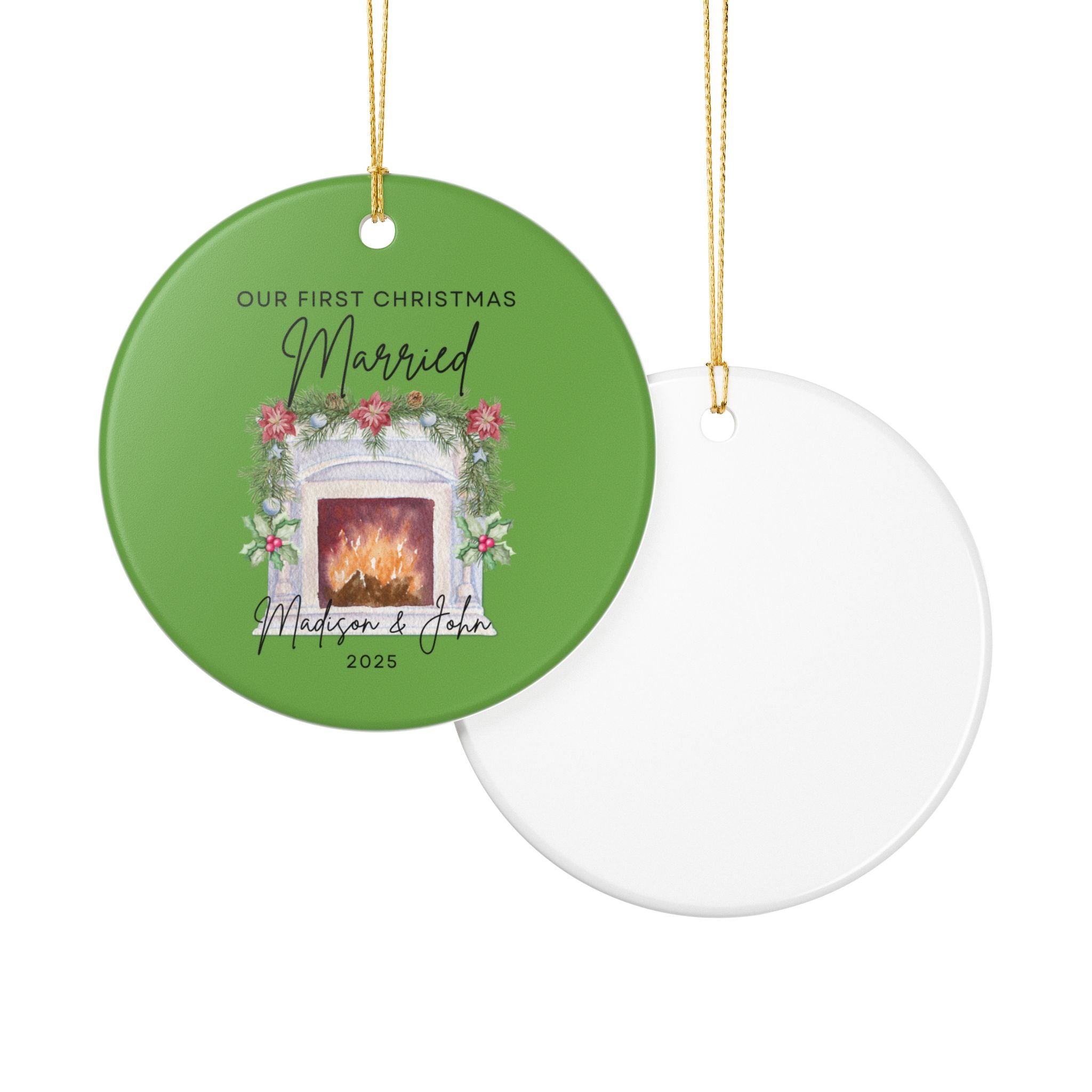 Personalized Christmas Ornament, First Christmas Married Keepsake, Holiday Decor, Wedding Gift, Custom Ceramic Decoration