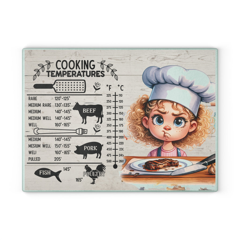 Cute Illustrated Glass Cutting Board, Cooking Gift for Home Chefs, Kitchen Decor, Funny Kitchenware, Cooking Temperatures Guide