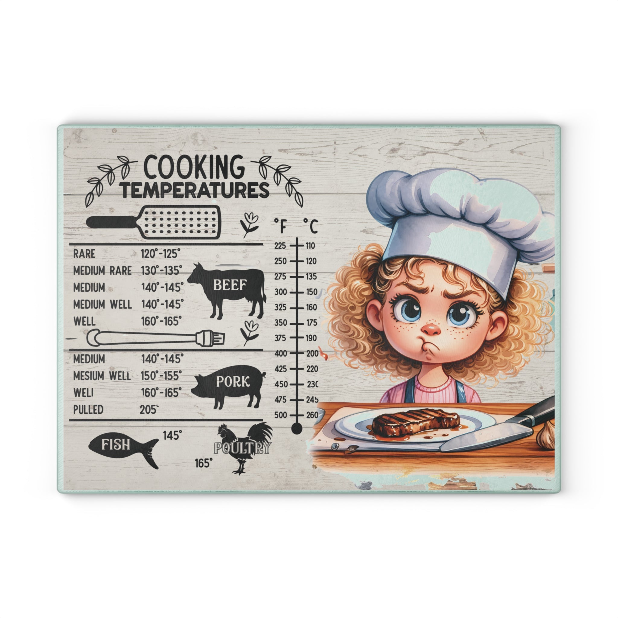 Cute Illustrated Glass Cutting Board, Cooking Gift for Home Chefs, Kitchen Decor, Funny Kitchenware, Cooking Temperatures Guide