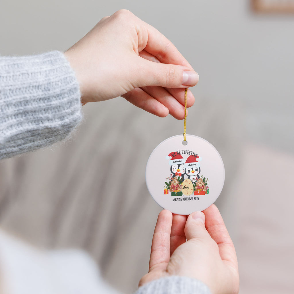 Ornament Penguin, Christmas Ornament, Penguins Ceramic, Custom printed, Single Unit, Design "We're expecting" with baby egg(Custom Month & Year)
