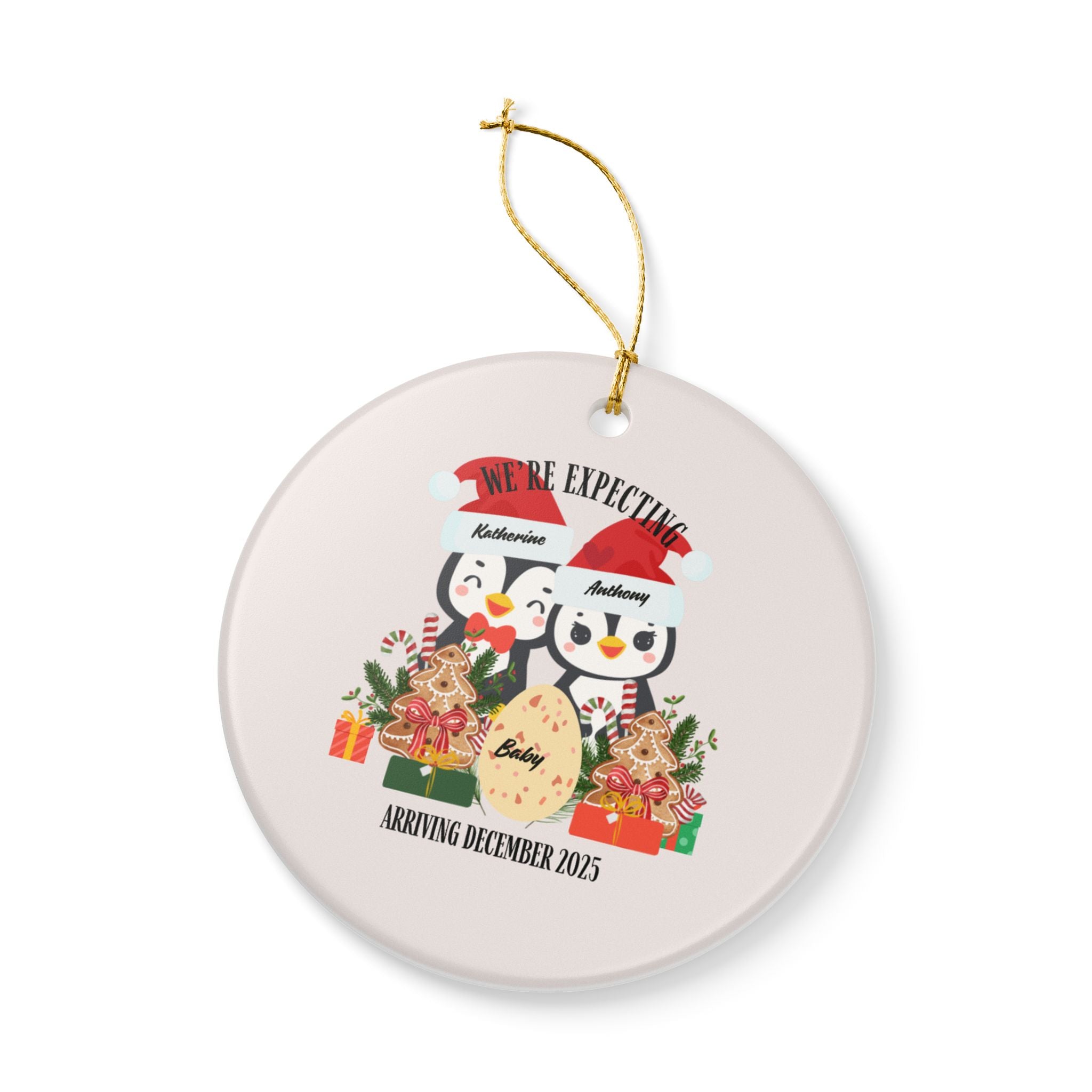 Ornament Penguin, Christmas Ornament, Penguins Ceramic, Custom printed, Single Unit, Design "We're expecting" with baby egg(Custom Month & Year)