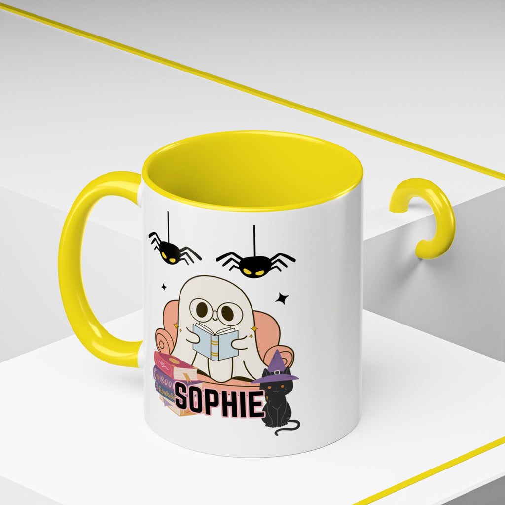 Personalized Halloween Ghost Mug with Cat and Books one size 11 oz coffee cup