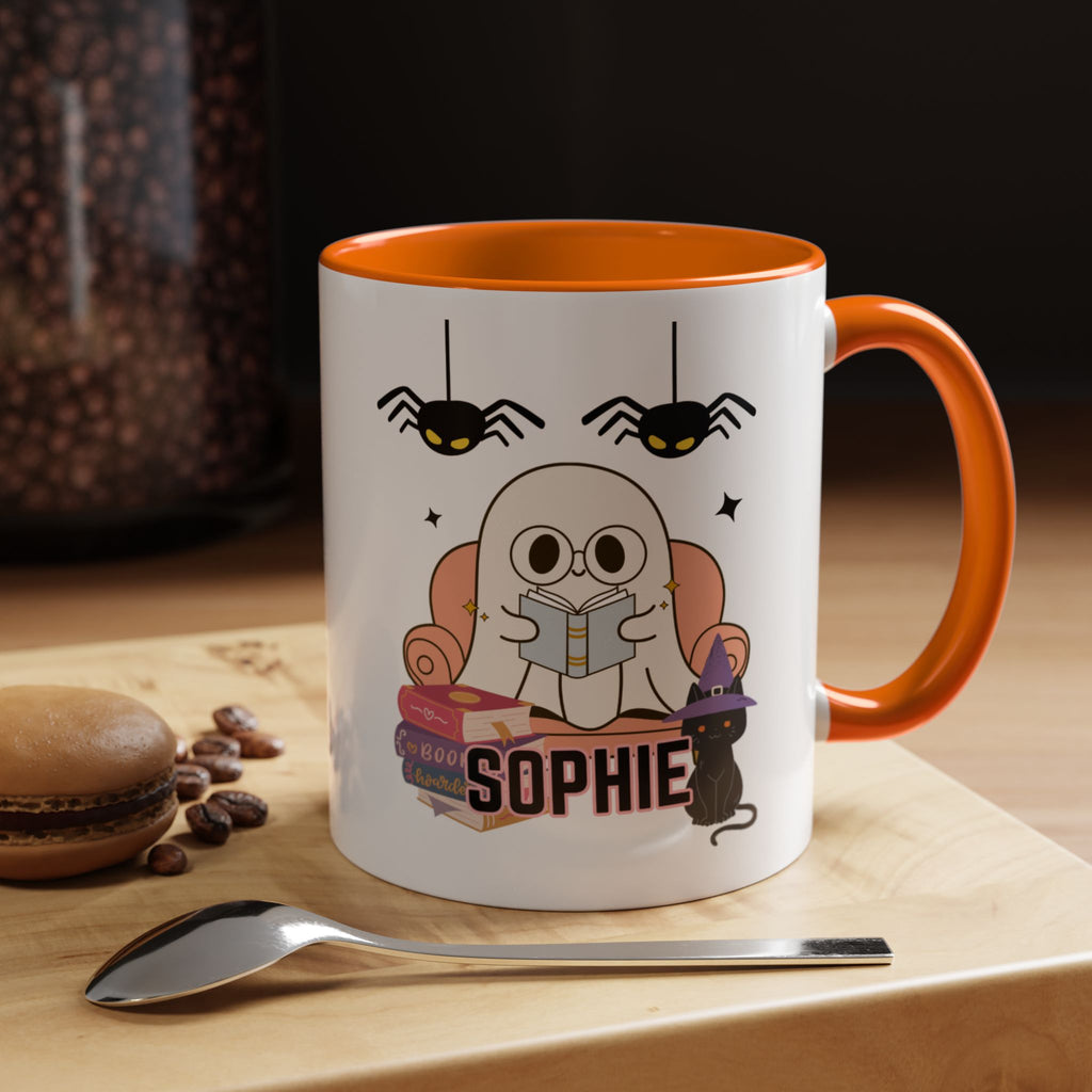 Personalized Halloween Ghost Mug with Cat and Books one size 11 oz coffee cup