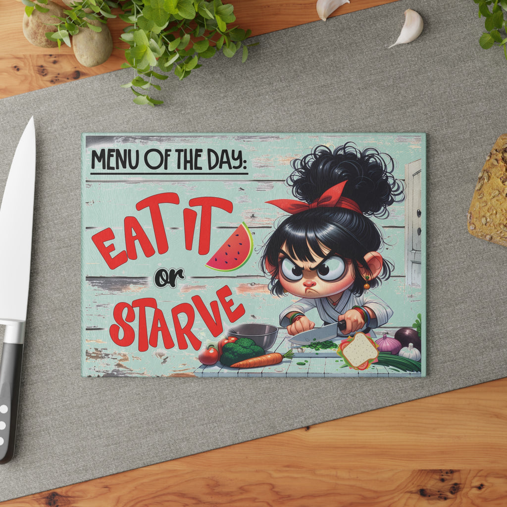 Funny Kitchen Glass Cutting Board with Eat It or Starve Design - Humorous Cooking Decor, Gift for Chefs, Housewarming, Kitchen [...]