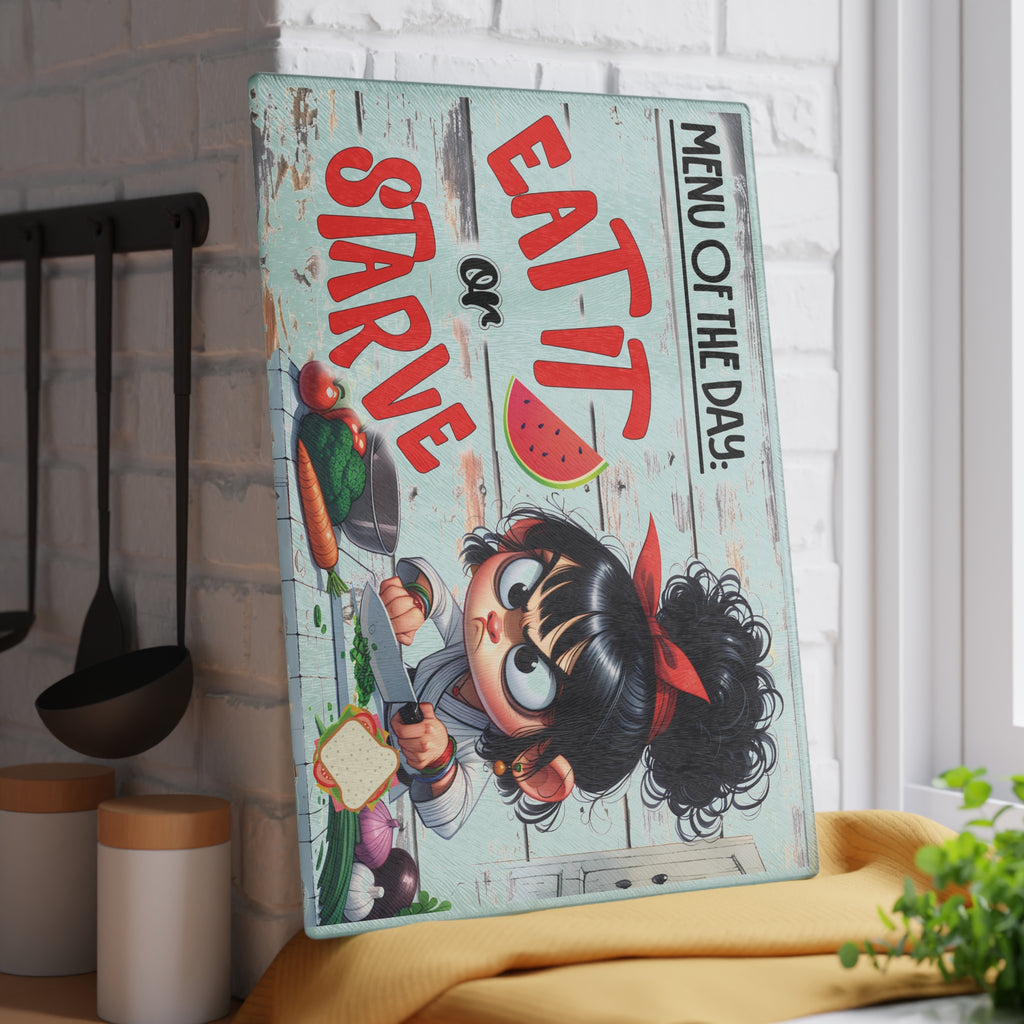 Funny Kitchen Glass Cutting Board with Eat It or Starve Design - Humorous Cooking Decor, Gift for Chefs, Housewarming, Kitchen [...]