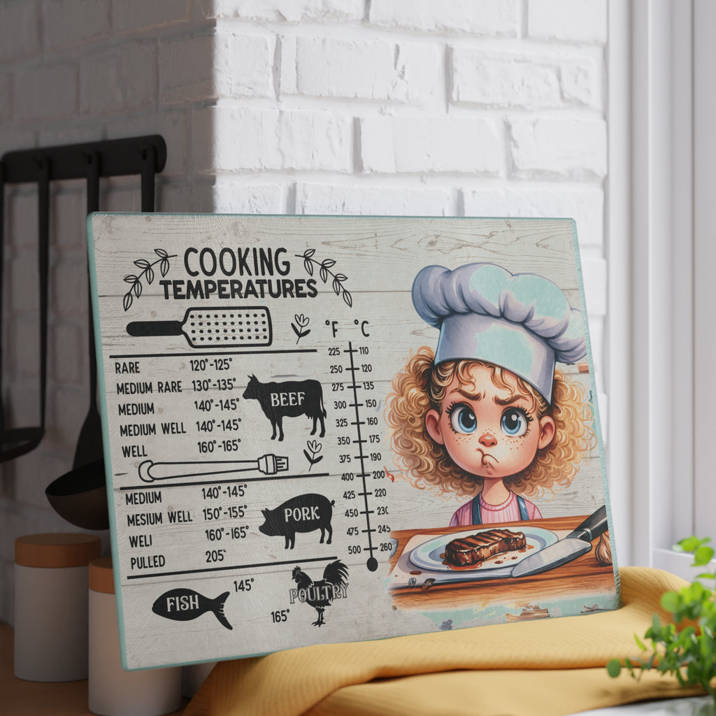 Cute Illustrated Glass Cutting Board, Cooking Gift for Home Chefs, Kitchen Decor, Funny Kitchenware, Cooking Temperatures Guide
