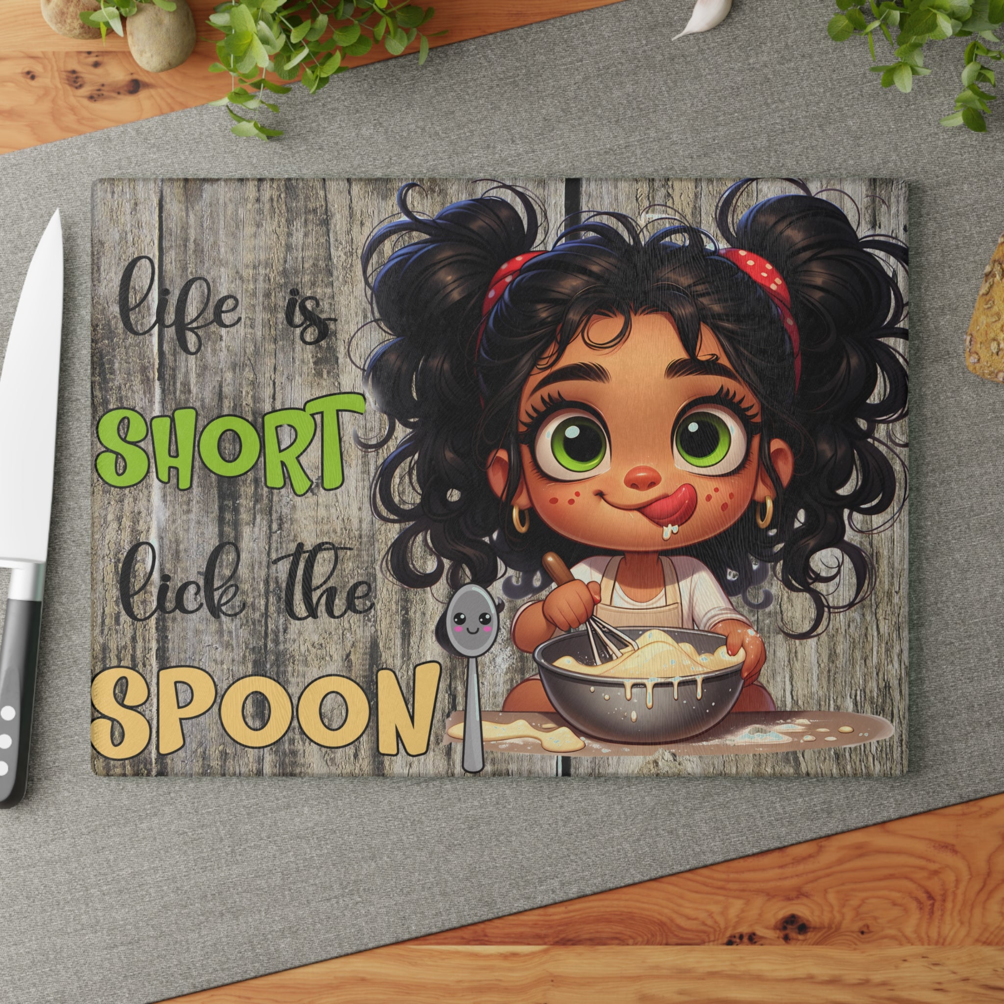 Whimsical Glass Cutting Board - 'Life is Short, Lick the Spoon!' Kitchen Gift, Cooking Accessory, Fun Decor, Gift for Foodies, Unique [...]