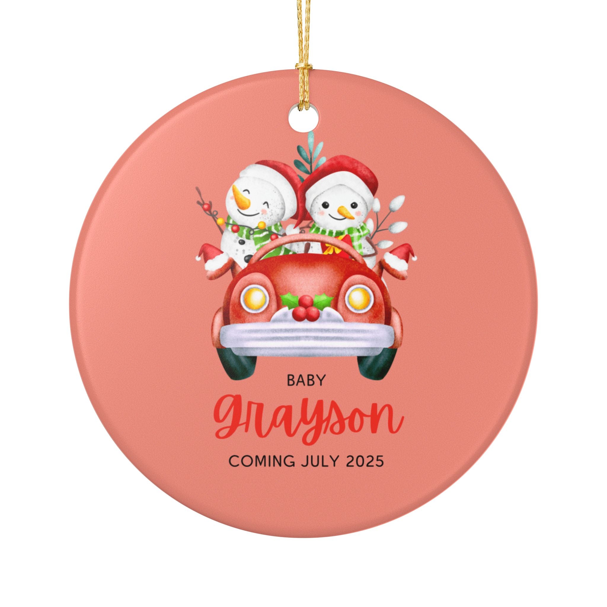 Personalized Holiday Ornament - Baby Grayson Coming July 2025, Customized Christmas Décor, Snowman Car Decoration, Unique Family [...]