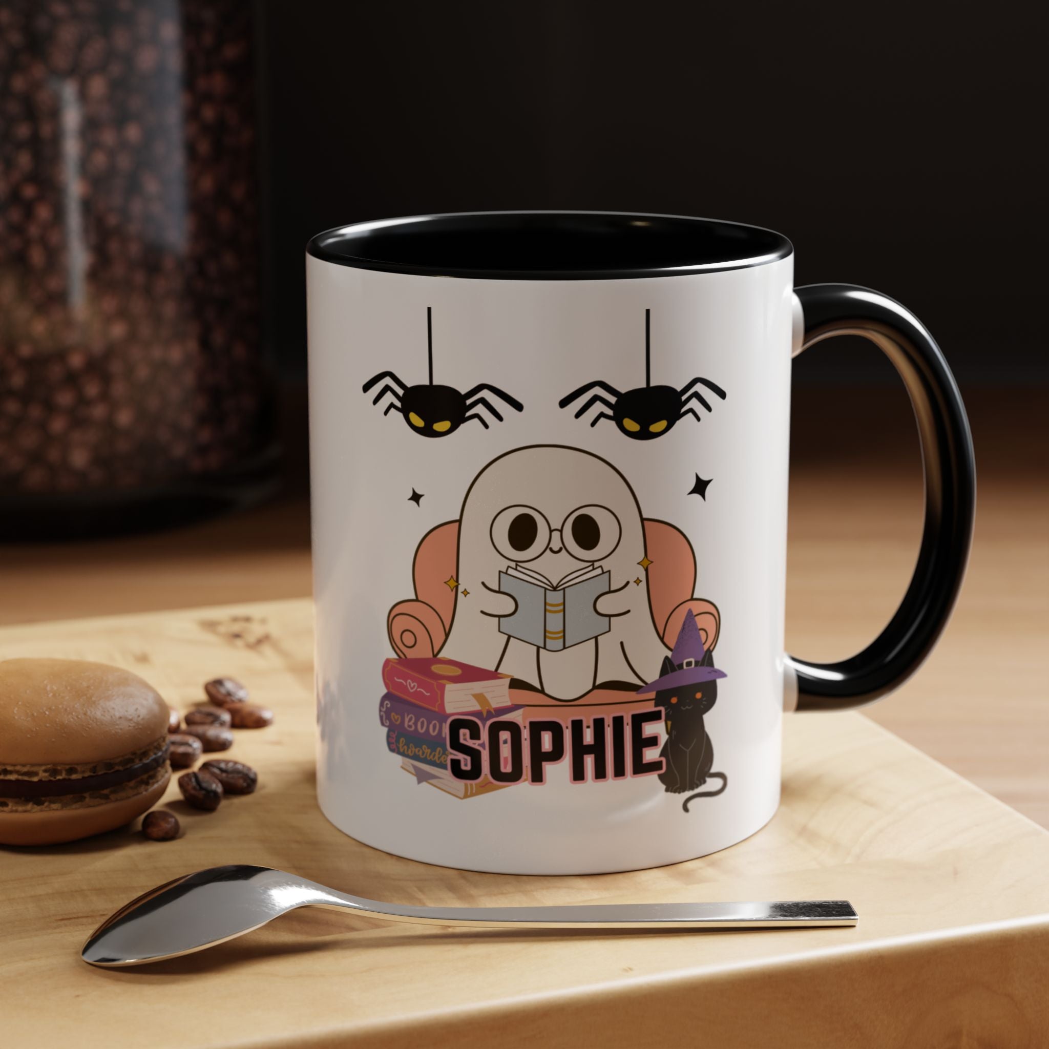 Personalized Halloween Ghost Mug with Cat and Books one size 11 oz coffee cup