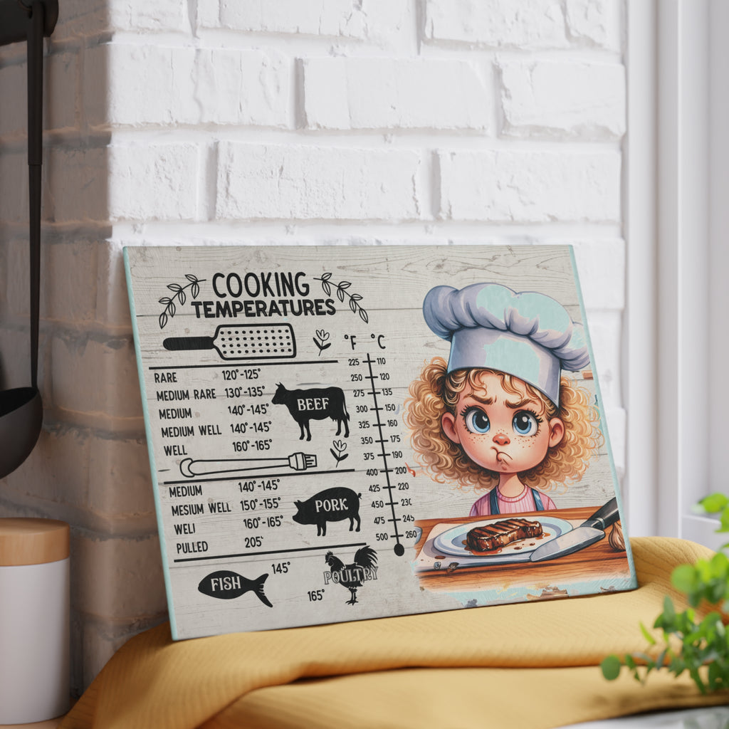 Cute Illustrated Glass Cutting Board, Cooking Gift for Home Chefs, Kitchen Decor, Funny Kitchenware, Cooking Temperatures Guide