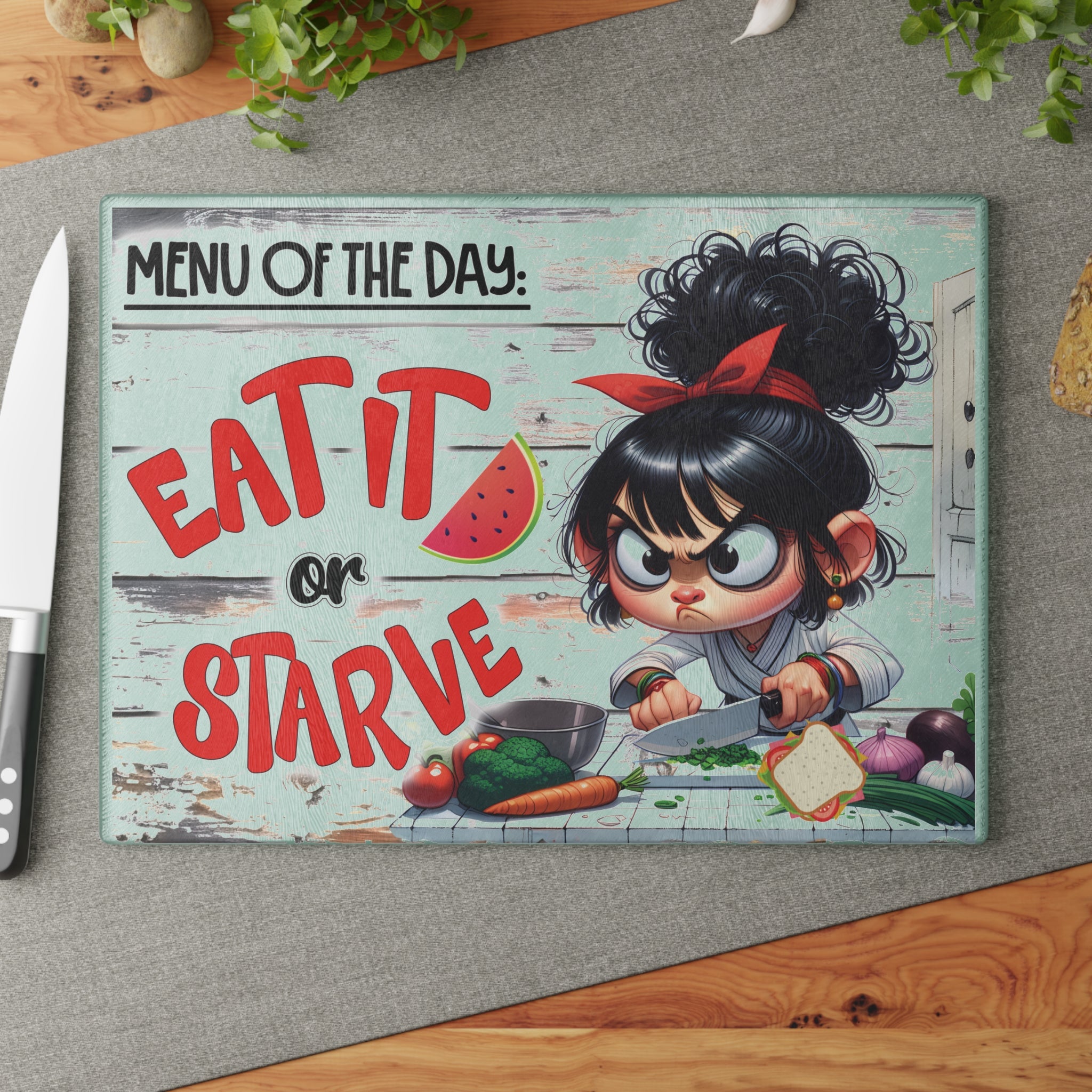 Funny Kitchen Glass Cutting Board with Eat It or Starve Design - Humorous Cooking Decor, Gift for Chefs, Housewarming, Kitchen [...]