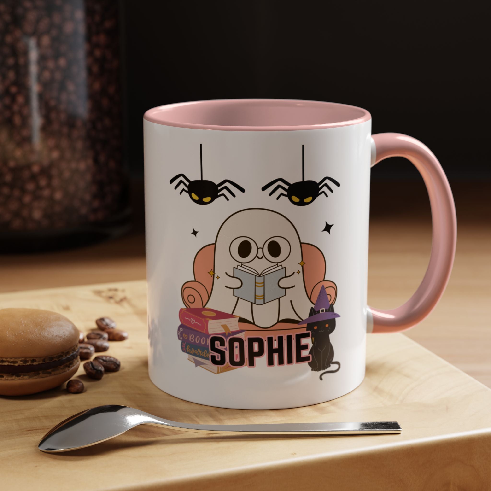 Personalized Halloween Ghost Mug with Cat and Books one size 11 oz coffee cup