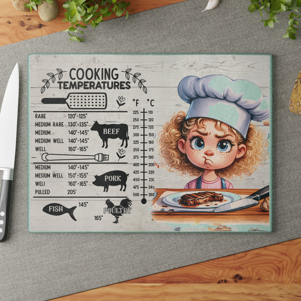 Cute Illustrated Glass Cutting Board, Cooking Gift for Home Chefs, Kitchen Decor, Funny Kitchenware, Cooking Temperatures Guide