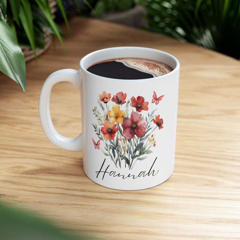 Personalized Floral Ceramic Mug, Customized Gift, Coffee Cup, Tea Mug, Birthday Gift, Housewarming Gift