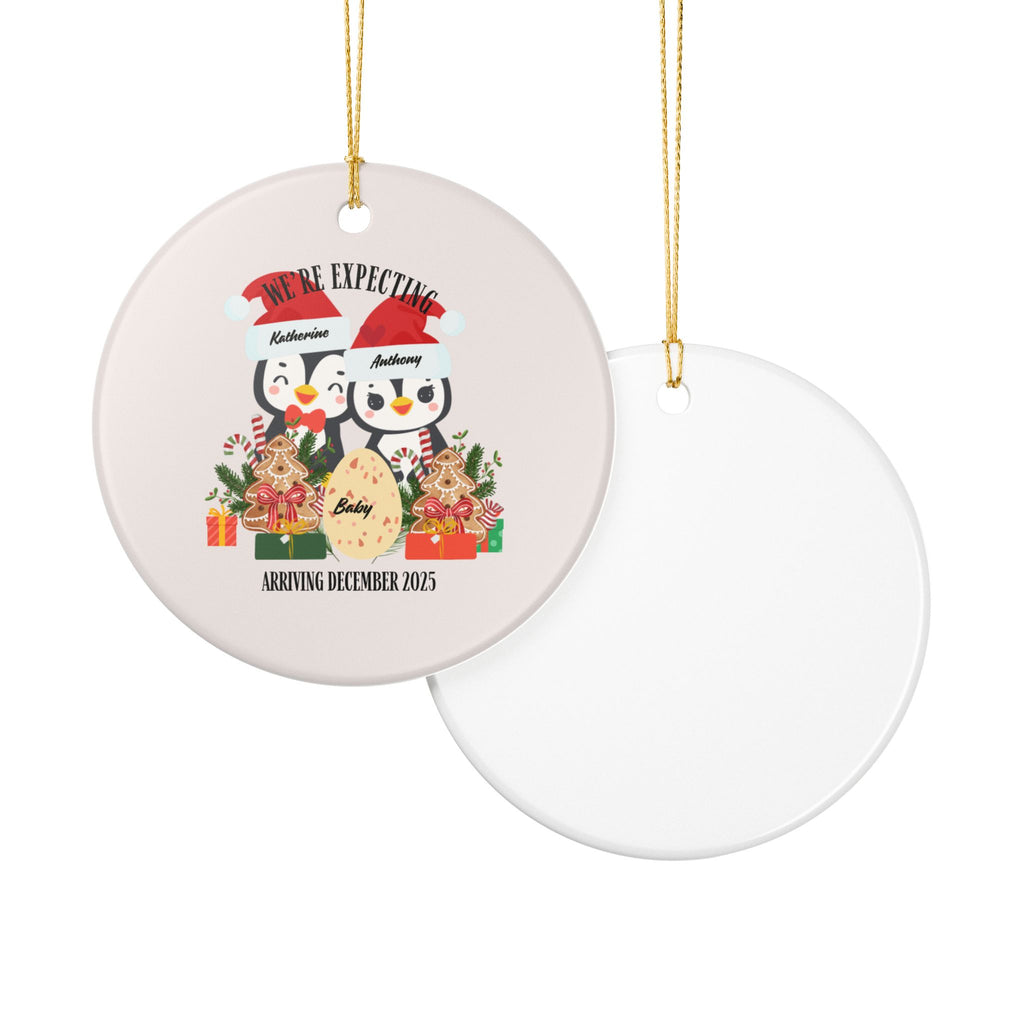 Ornament Penguin, Christmas Ornament, Penguins Ceramic, Custom printed, Single Unit, Design "We're expecting" with baby egg(Custom Month & Year)