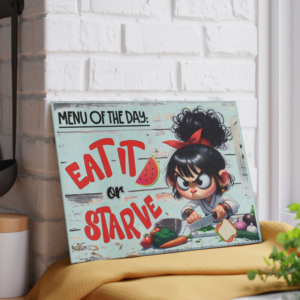 Funny Kitchen Glass Cutting Board with Eat It or Starve Design - Humorous Cooking Decor, Gift for Chefs, Housewarming, Kitchen [...]