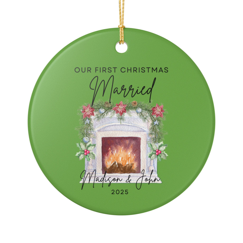 Personalized Christmas Ornament, First Christmas Married Keepsake, Holiday Decor, Wedding Gift, Custom Ceramic Decoration