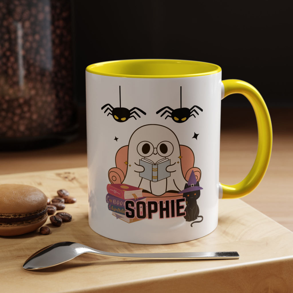 Personalized Halloween Ghost Mug with Cat and Books one size 11 oz coffee cup