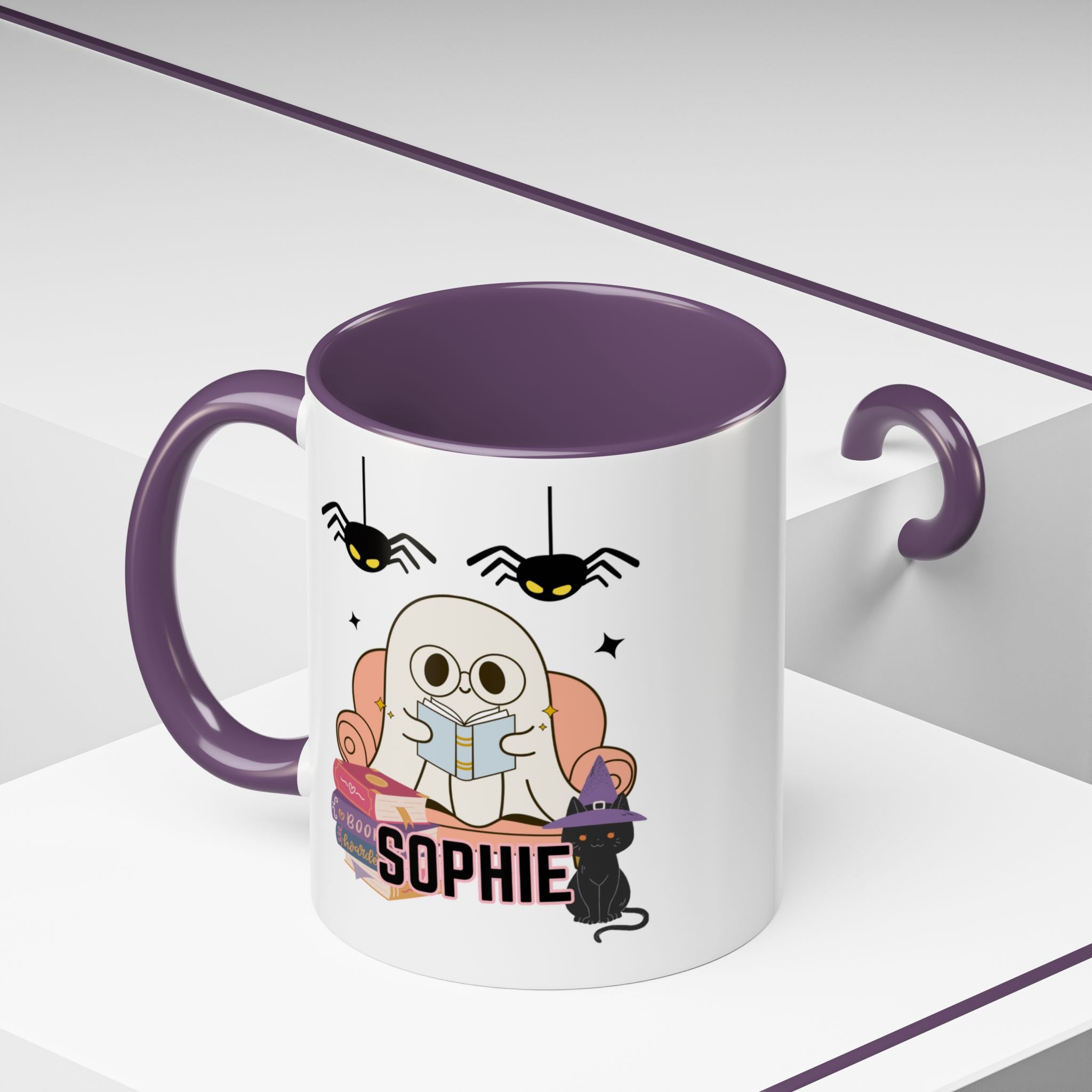 Personalized Halloween Ghost Mug with Cat and Books one size 11 oz coffee cup