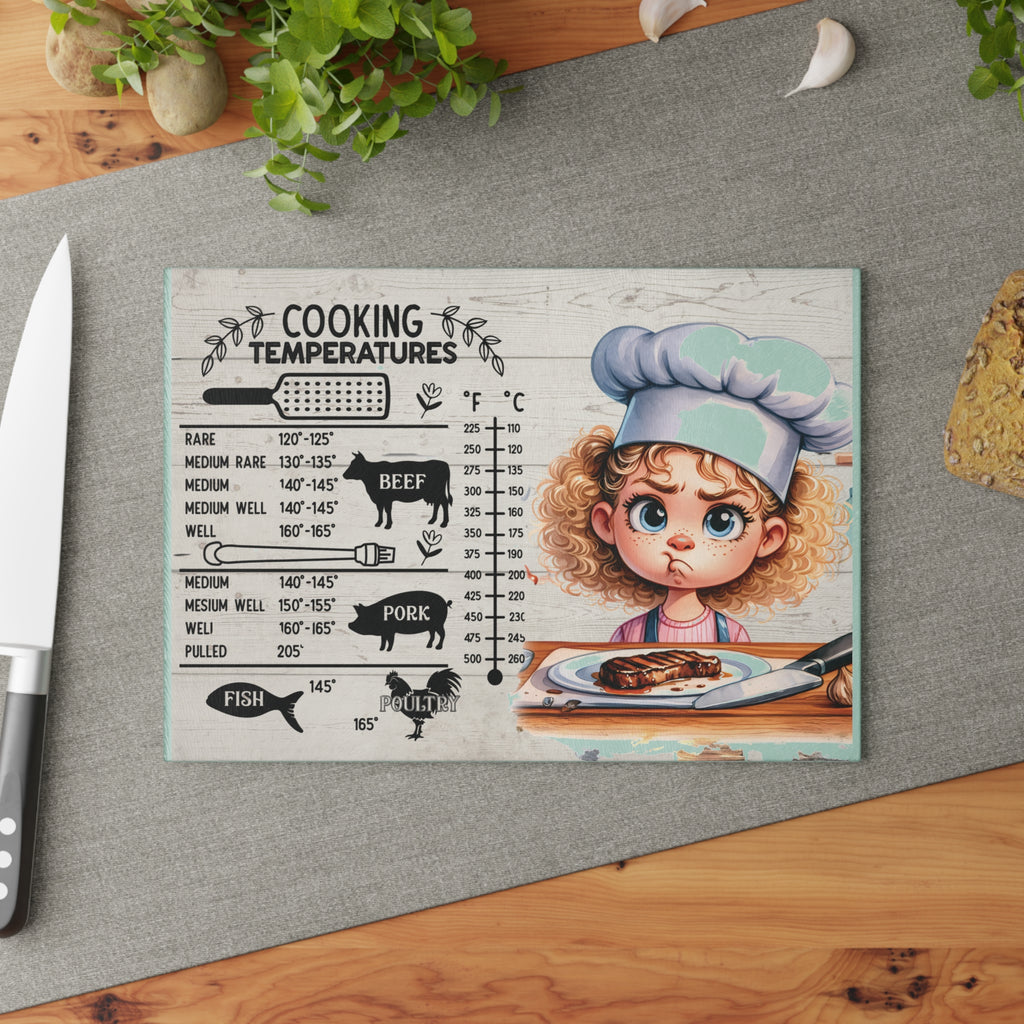 Cute Illustrated Glass Cutting Board, Cooking Gift for Home Chefs, Kitchen Decor, Funny Kitchenware, Cooking Temperatures Guide