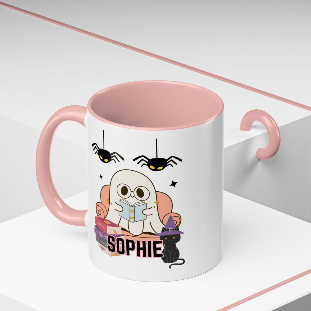 Personalized Halloween Ghost Mug with Cat and Books one size 11 oz coffee cup