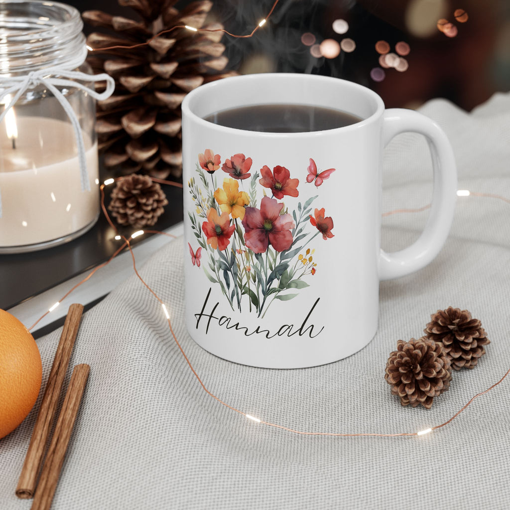 Personalized Floral Ceramic Mug, Customized Gift, Coffee Cup, Tea Mug, Birthday Gift, Housewarming Gift