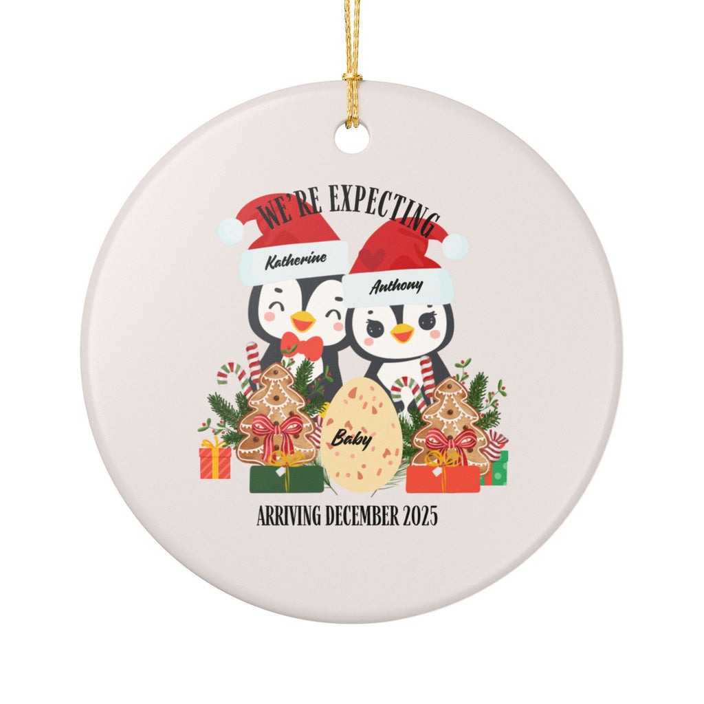 Ornament Penguin, Christmas Ornament, Penguins Ceramic, Custom printed, Single Unit, Design "We're expecting" with baby egg(Custom Month & Year)