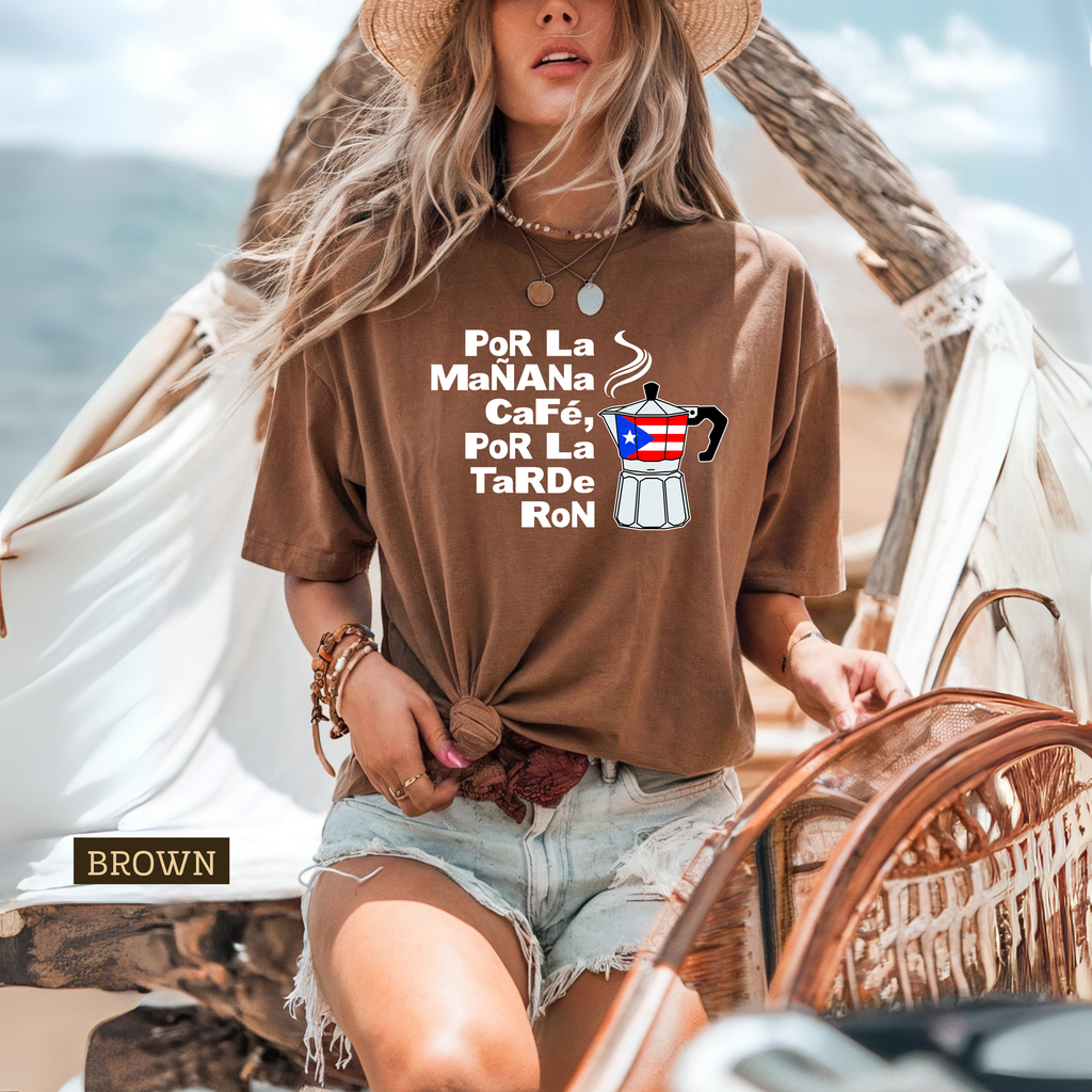 Morning Coffee, Afternoon Rum – Funny Boricua Greca Shirt | Coffee & Rum Graphic Tee | Unisex T-Shirt S–XL