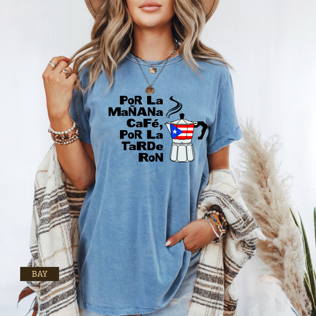 Morning Coffee, Afternoon Rum – Funny Boricua Greca Shirt | Coffee & Rum Graphic Tee | Unisex T-Shirt S–XL