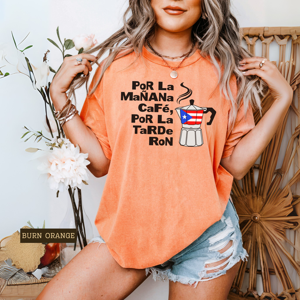 Morning Coffee, Afternoon Rum – Funny Boricua Greca Shirt | Coffee & Rum Graphic Tee | Unisex T-Shirt S–XL