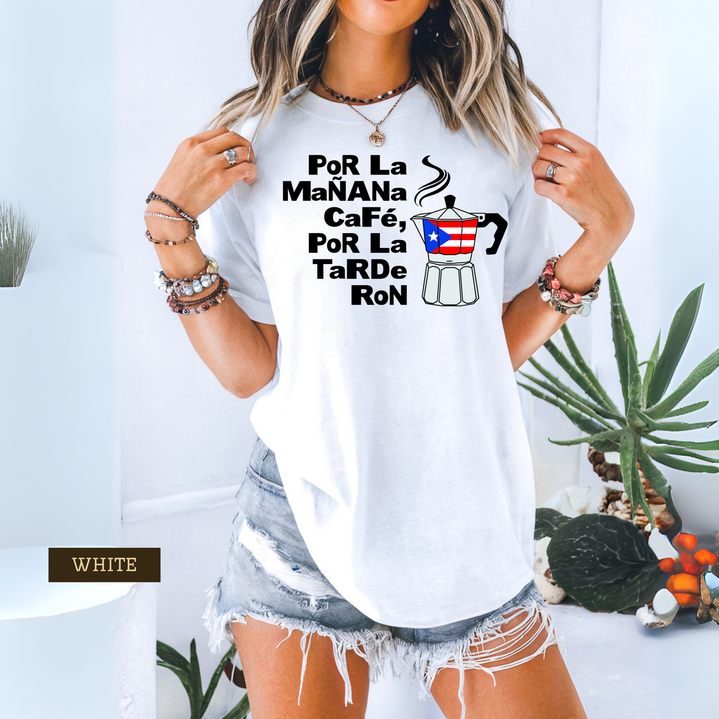 Morning Coffee, Afternoon Rum – Funny Boricua Greca Shirt | Coffee & Rum Graphic Tee | Unisex T-Shirt S–XL